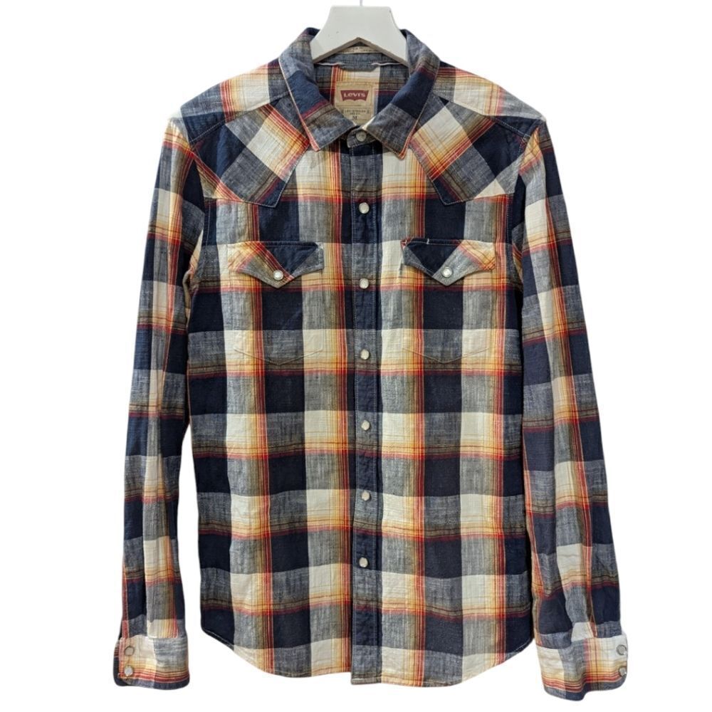 Levi's Men's Medium Western Cowboy Pearl Snap Plaid Long Sleeve Shirt Blue Rust